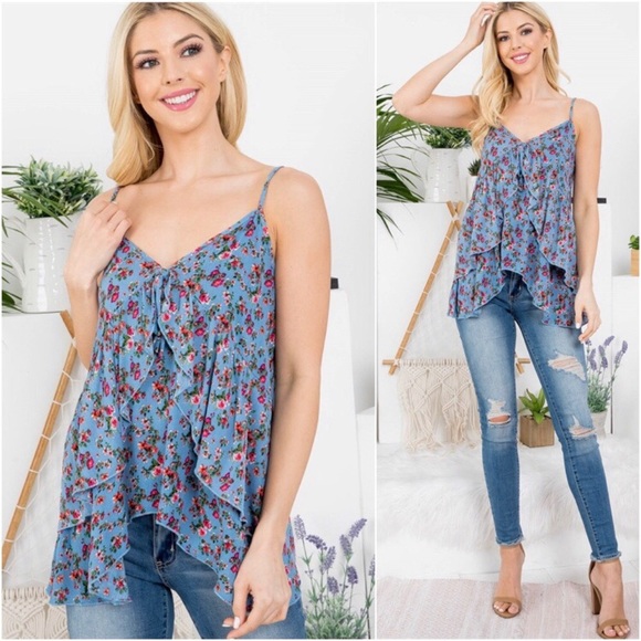 LLK Tops - LAST ONE: Beautiful USA MADE blue floral spaghetti strap women’s ruffle tank